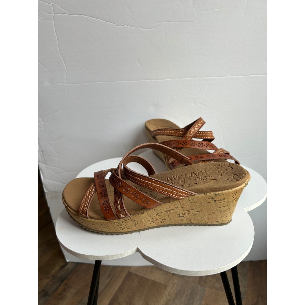 Skechers Cali Luxe Foam Wedge Sandals Brown Boho Laser Cut Floral Slides - Picture 3 of 10
